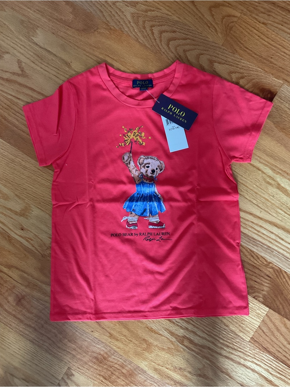 New Polo by Ralph Lauren Girls' Coral Pink Bear Graphic Tee size 12-14